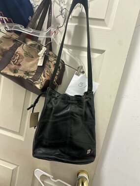 Vintage New Black Leather Patchwork Drawstring Bucket Bag